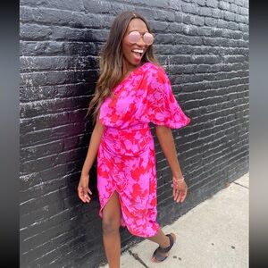 Do+Be Pink Red Floral One Shoulder Midi Dress Size L NWT
